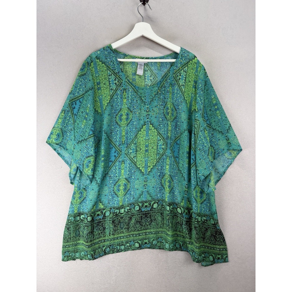 Catherines 22/24W Green Turquoise Geometric Rhinestone Semi Sheer Chiffon Tunic